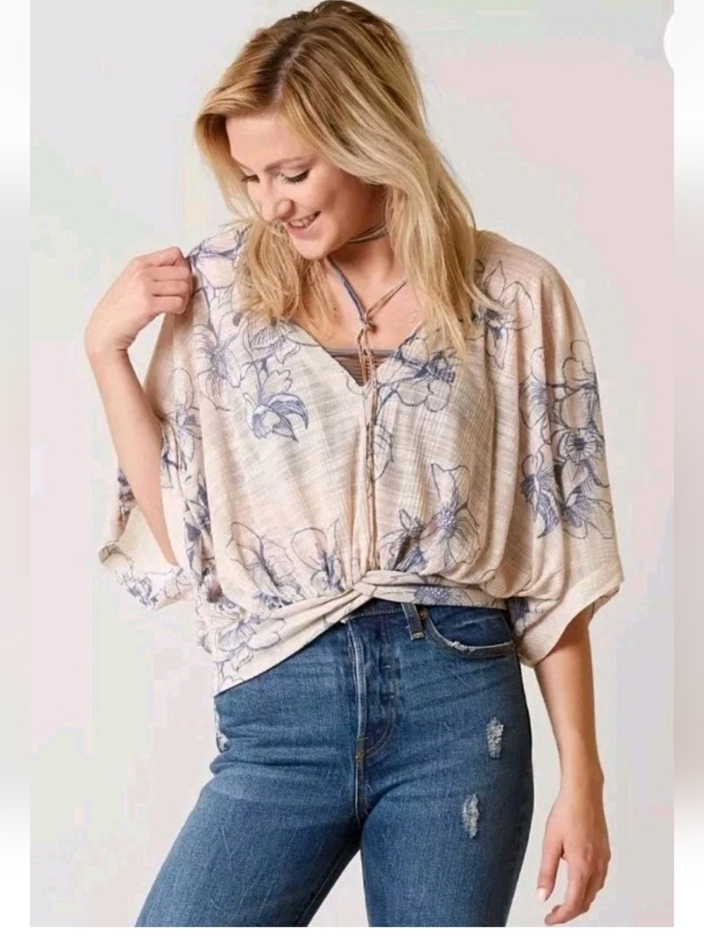 FREE PEOPLE ~ Size L ~  Plunging Deep V Cropped Blouson Blue Floral Blouse